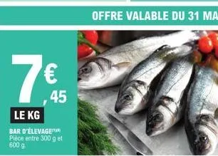 7€  45  le kg  bar d'élevage pièce entre 300 g et 600 g 