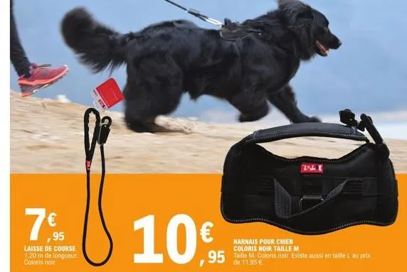 €  7% 10% 10€  ,95  laisse de course 1.20 m de longueur. coloris noir  harnais pour chien coloris noir taille m  95 taille coloris noir. existe aussi en taille l au prix  de 11,95 €  tly  