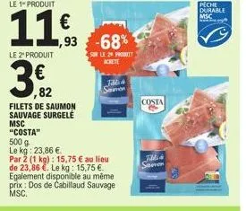 le 1" produit  11.ff.  le 2" produit  ,82  filets de saumon sauvage surgelé  msc "costa"  500 g  le kg: 23,86 €  par 2 (1 kg): 15,75 € au lieu de 23,86 €. le kg: 15,75 €. egalement disponible au même 