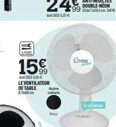 15%  dont deee 0,50 €  le ventilateur de table 0:33x60cm.  autre  coloris  noir  how  3 vitesses  card 