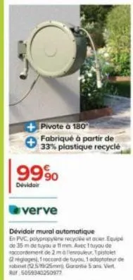 + pivote à 180° fabriqué à partir de 33% plastique recyclé  99%  dévidoir  verve  dévidoir mural automatique en pvc, polypropylène recycle et acier equip de 35 m de tuyou a 11 mm. avec 1 buyou de racc