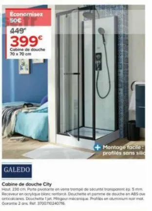 economisez  449  399€  cabine de douche  70 x 70 cm  galedo  + montage facile: profilés sans silic  cabine de douche city  hout 230 cm porte pivotante en verre trempe de securite transparent ep. 5 mm 