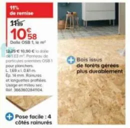 11% de remise 1195  1058  dole osb 1 le m²  12,25 € 10.90 € lo dole de 103 m panneau de particules onernees 0581 pour planchers l169x1061m ep 14mm rainures et languettes profes usage en mile sec 36636