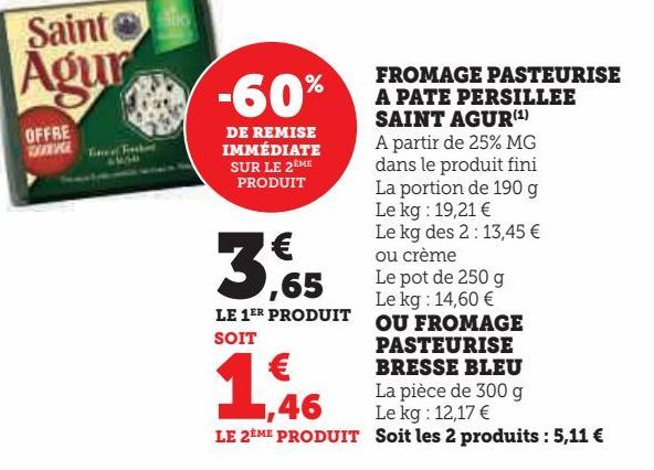 FROMAGE PASTEURISE A PATE PERSILLEE SAINT AGUR OU FROMAGE PASTEURISE BRESSE BLEU 