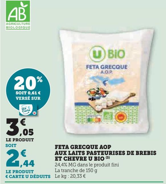 FETA GRECQUE AOP AUX LAITS PASTEURISES DE BREBIS ET CHEVRE U BIO 