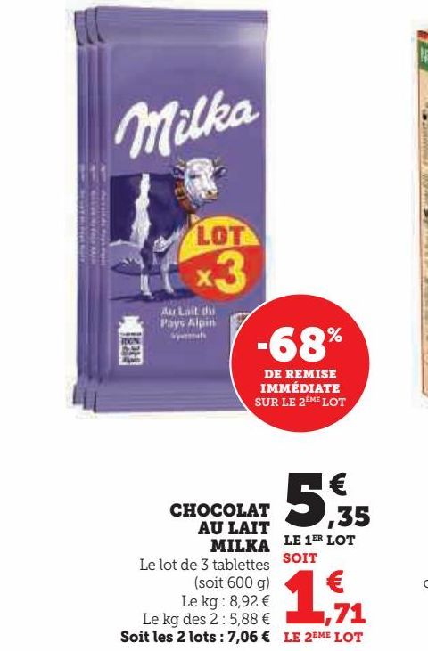 CHOCOLAT AU LAIT MILKA 