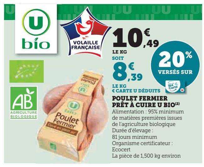 POULET FERMIER PRÊT À CUIRE U BIO