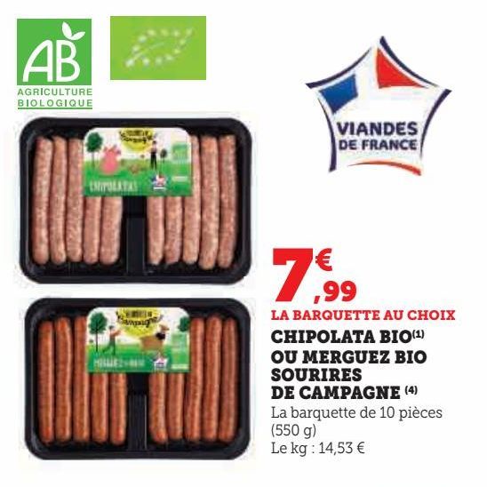 CHIPOLATA BIO OU MERGUEZ BIO SOURIRES DE CAMPAGNE