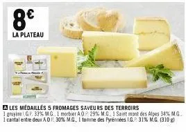 8€  la plateau  a les médaillés 5 fromages saveurs des terroirs  1 gruyère .g.p. 33 % m.g.. i morbier a.o. 29% m.g., i saint mont des alpes 34% m.g... 1 cantal entre deux a.o.f. 30 % m.g., i tomme des