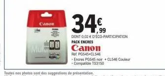canon  mor  545546  34€  dont 0,02 € d'éco-participation pack encres  canon  ret pg545+cl546  .encres pg545 noir + cl546 couleur - compatible ts3150 