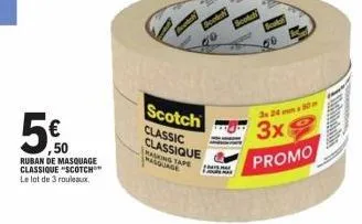 5€  50  ruban de masquage classique "scotch le lot de 3 rouleaux.  scotch classic classique masking tape malquage  1000  bootel  3x 24 mm x 50m  3x  promo 