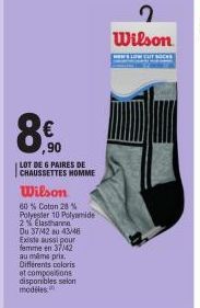 ,90  LOT DE 6 PAIRES DE CHAUSSETTES HOMME Wilson  60 % Coton 28 %  Polyester 10 Polyamide 2% Elasthanne Du 37/42 au 43/46 Exista aussi pour femme en 37/42 au même prix, Différents coloris et compositi