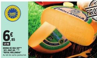 ON  www  A  Lo  6€  85  LE KG  GOUDA DE MAI IGP 30% MAT.GR. "ROYAL HOLLANDIA"  Au lait de vache pasteurisé.  th  HOLLANDIA 