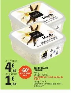 le 2¹ produit  1  ,84  le produit  4.€ 4,59 60  -60% ernard  450 g  let achete  vanille  bac de glaces  le kg 10,20 €  par (900 g) 6.43 € au lieu de 9,15€  le kg 7,14 €  différentes variétés à des poi