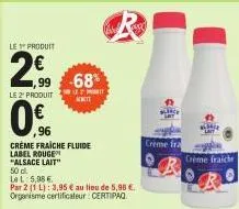 le produit  2€  1,99 -68% le 2 produit acett  0€  96  crème fraiche fluide label rouge  "alsace lait"  50 dl  le l:5.98€  par 2 (1 l): 3,95 € au lieu de 5,98 € organisme certificateur certipag  sice  