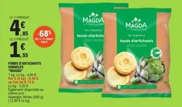 le 1 produit  4€  ,85 -68%  sole24 pret  achett  le 2 produit  1.55  fonds d'artichauts surgelės  "magda"  1 kg. le kg: 4,85 €  par 2 (2 kg) 6,40 €  au lieu de 9,70 €  lekg: 3,20 € egalement disponibl