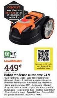 COMPLET avec 1 batterie 24 V 4Ah Li-ion et 1 chargeur rapide I h  9,7  LawnMaster  449€  bab  Robot tondeuse autonome 24 V Largeur travail 15 cm Sans fil périmétrique mi station de change 2 capteurs u