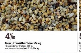 4,90  Gravier multicolore 25 kg  Calibre 10/16-Surface 0,50 m 400041251140004-Soit 0,20 € le kg  