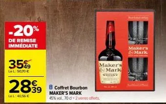 -20%  de remise immédiate  35%  lel: 5070 €  28.99  le l: 40,56 €  b coffret bourbon  maker's mark  45% vol, 70 d+2 verres offerts.  maker's mark  whisky  maker's mark 