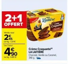 2+1  offert  vendu seul  245  le kg: 7,21 € les 3 pour  4.90  le kg: 4,80 €  milka  laitière craquante che  crème craquante la laitière chocolat, vanille ou caramel, 340 g. 