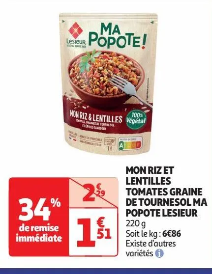 mon riz et  lentilles  tomates graine  de tournesol ma  popote lesieur