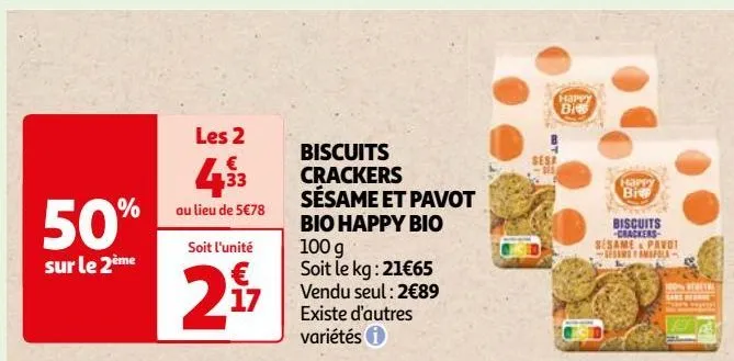 biscuits crackers sésame et pavot bio happy bio