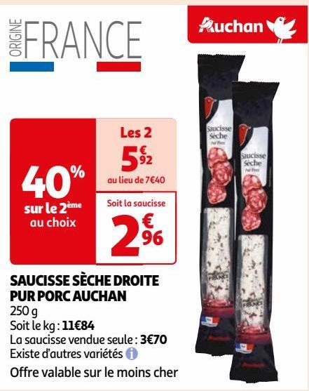  SAUCISSE SÈCHE DROITE PUR PORC AUCHAN