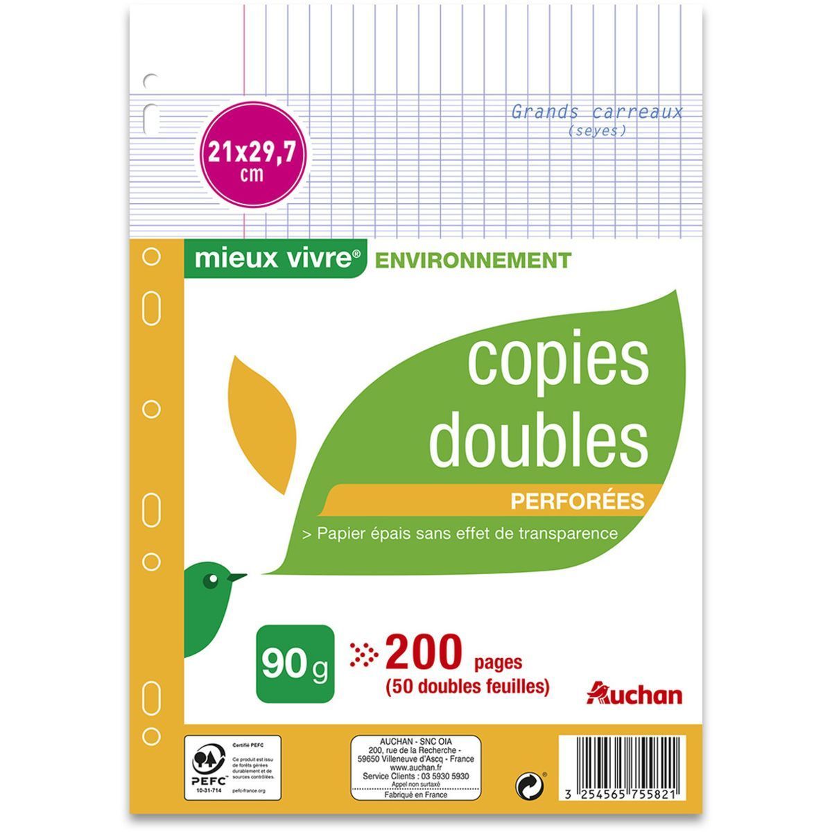 LOT DE 200 COPIES DOUBLES PERFOREES AUCHAN