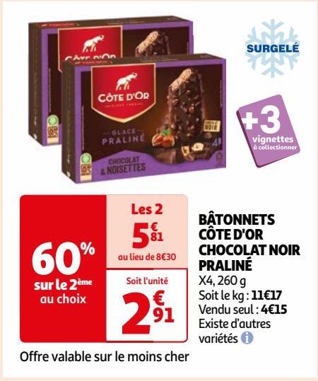 BÂTONNETS CÔTE D'OR CHOCOLAT NOIR PRALINÉ