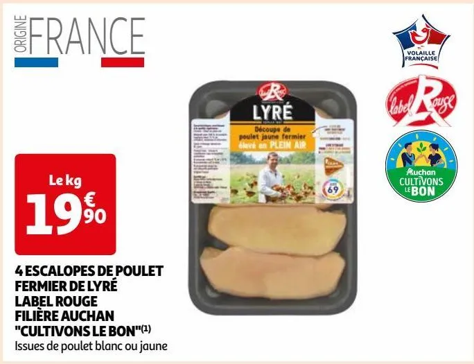 4 escalopes de poulet fermier de lyré label rouge filière auchan "cultivons le bon"