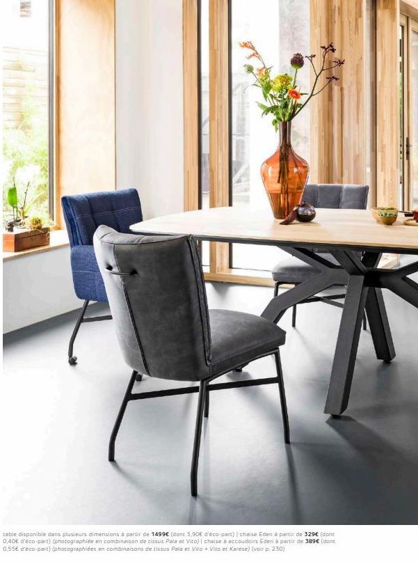 table disponible dans plusieurs dimensions à partir de 1499€ (dont 3,90€ d'éco-part) | chaise Eden à partir de 329€ (dont 0,40€ d'éco-part) (photographiée en combinaison de tissus Pale et Vito) | chai