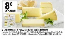 8€  la plateau  a les médaillés 5 fromages saveurs des terroirs  1 gruyère lgp 33% m.g., 1 morbier a.0.2 29% m.g., 1 saint mont des alpes 34% m.g.. 1 cantal entre deux a.o.p. 30% m.g., 1 tommes des py