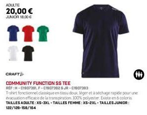 ADULTE  20,00 € JUNIOR 18,00 €  111  CRAFT  COMMUNITY FUNCTION SS TEE  RÉF :H-C1907391, F-C1907382 & JR-C1907393  T-shirt fonctionnel classique en tissu doux, léger et à séchage rapide pour une évacua