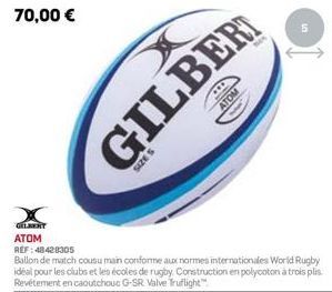 SIZE S  GILBER  ATOM  GILBERT ATOM REF: 48428305  Ballon de match cousu main conforme aux normes internationales World Rugby idéal pour les clubs et les écoles de rugby Construction en polycoton à tro