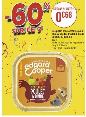 Sant céréales  -60%  SUR LE 2  SUCCULENTS  POULET & DINDE  p-conge  edgard Cooper  SOIT PAR 2 L'UNITÉ  0€68  FOUR  CHIENS ADULTES 