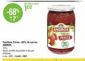 -68%  2  le  soit par 2 l'unité  1€12  confiture fraise -30% de sucres andros  350 g  autres variétés disponibles à des prix différents lekg: 4683-l'unité: 169  30% (sucht,  www  andros confiture  fra