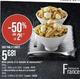 -50%  sur 2e"  soit par 2 l'unité:  5€81  mini penne à la tomate et mozzarella 800g  le kg-9669 ou 12 726 - l'unité:7€75  ou mini farfalles au thon et à la tomate 800g  le kg-12188 u x29666-l'unité: 1