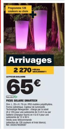 Programme 128 couleurs au choix  Arrivages  2270  SEULEMENT!  LE FICUS SOLAIRE  65€  mp  FICUS SOLAIRE SMARTECH  Dim. L. 29 x H. 79 cm. IP65 matière polyéthylène. Forme cylindrique. Capteur de luminos