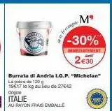 burrata di andria l.g.p. "michelan"  lapice de 120 g  19€17 le kg au lieu de 27e42  origine  italie  au rayon frais emballe  2.4.3 