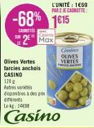 -68%  CARNETTES  Olives Vertes farcies anchois CASINO  2 Max  L'UNITÉ : 1€69 PAR 2 JE CAGNOTTE:  1€15  120 g Astres variétés disponibles à des prix differents  Le kg 14408  Casino  Cons OLIVES  VERTES