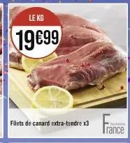 le kg  19€99  filets de canard extra-tendre x3  bedoe  trance 