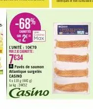 le  casino  2 max  l'unité: 10€79 par 2 je cagnotte:  7634  a pavés de saumon atlantique surgelés casino 4x110 g (440) le kg 2452  casino 