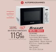 Noneth  169% -50 Brandt DE REMISE IMMEDIATE MICRO-ONDES  119%  COOTCPSS.COM  AUTOPROGRAMMES  SE2018W2  8 niveaux de puissance - Commandes electroniques -Minuterie 95 mi - Fondu Speed Defrost-Plautomat