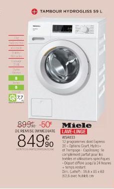 Wy  22.06  Date  n  B  B  7,7  899% -50°  DE REMISE IMMEDIATE  849%  DONTECOPT  TAMBOUR HYDROGLISS 59 L  Miele LAVE-LINGE W54033  12 programmes dont Express 20-Options Court, Hydro+ et Tempage-Capoong