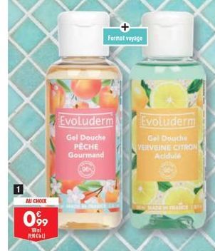 AU CHOIX  099  Wel ARCHI  Evoluderm  Gel Douche PÊCHE Gourmand  Format voyage  Evoluderm  Gel Douche VERVEINE CITRON Acidulé 