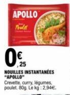 APOLLO  Foulet  0€  ,25  NOUILLES INSTANTANÉES "APOLLO"  Crevette, curry, légumes, poulet. 80g. Le kg: 2,94€. 