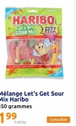 new  haribo  let's get sour mix  of  share s  5.69/kg  fizz  mélange let's get sour mix haribo 350 grammes  199  new  
