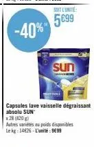 soit l'unité  5699  sun  capsules lave vaisselle dégraissant absolu sun  x28 (420g)  autres variétés au poids disponibles le kg 14626-l'unité: 999 