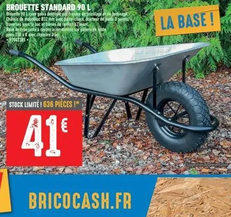 brouette standard 90 l  brouette 90 l cuve galva destinée aux travaux de bricolage et de jardinag chassis de monobloc 832 mm avec pare-chocs, ecarteur de pieds à poin traverses sous le bac et barres d