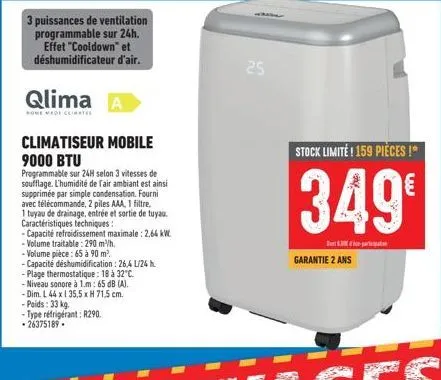 3 puissances de ventilation programmable sur 24h. effet "cooldown" et déshumidificateur d'air.  qlima a  homemade curatel  climatiseur mobile  9000 btu  programmable sur 24h selon 3 vitesses de souffl